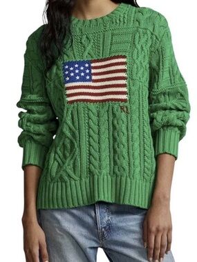 NWT POLO RALPH LAUREN ARAN KNIT FLAG COTTON SWEATER GREEN SIZE -MEDIUM